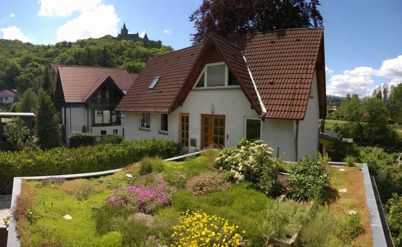 Haus mit begrüntem Dach und Garten, im Hintergrund das Schloss Wernigerode