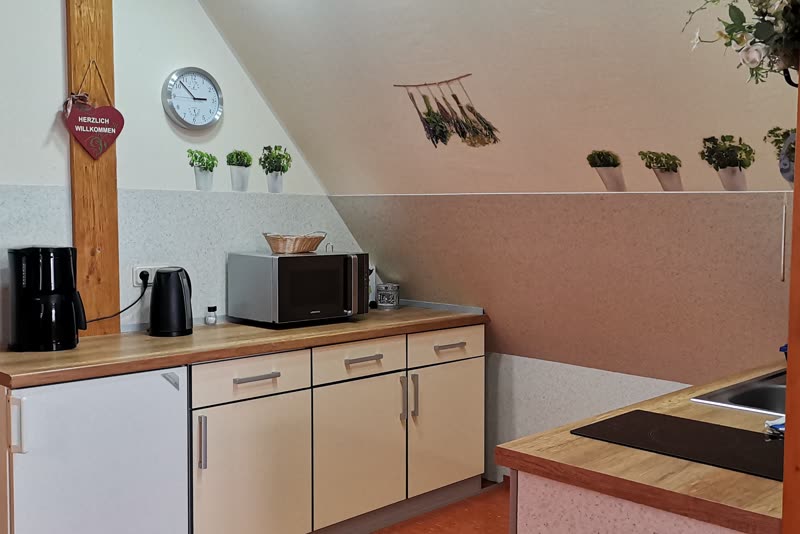 Küchenzeile mit Kaffeemaschine, Wasserkocher, Mikrowelle und Kräutern auf dem Regal